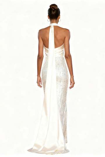 Sparkly White Satin Mermaid Halter Long Formal Dress